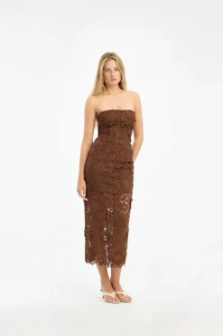 Midi Dresses|Dresses-ROTATE Birger Christensen 3D Lace Midi Dress Dark Brown Potting Soil color