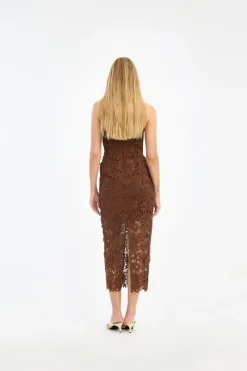 Midi Dresses|Dresses-ROTATE Birger Christensen 3D Lace Midi Dress Dark Brown Potting Soil color