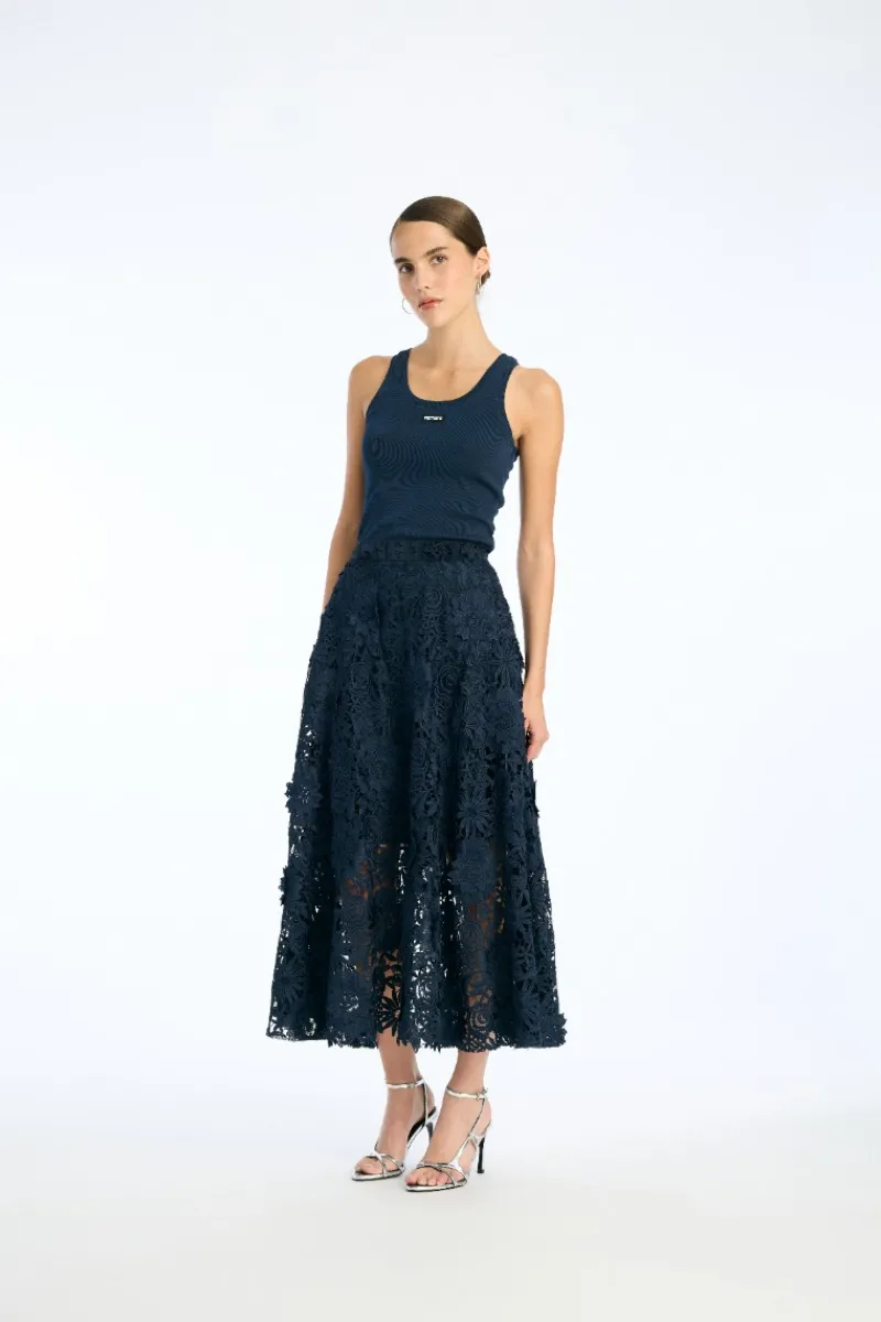 Skirts-ROTATE Birger Christensen 3d Lace Midi Skirt Dark Blue Navy Blazer color