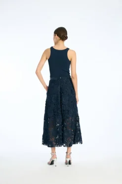 Skirts-ROTATE Birger Christensen 3d Lace Midi Skirt Dark Blue Navy Blazer color
