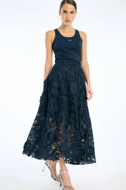 Skirts-ROTATE Birger Christensen 3d Lace Midi Skirt Dark Blue Navy Blazer color