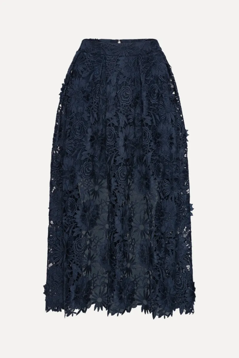 Skirts-ROTATE Birger Christensen 3d Lace Midi Skirt Dark Blue Navy Blazer color