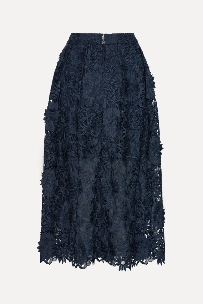 Skirts-ROTATE Birger Christensen 3d Lace Midi Skirt Dark Blue Navy Blazer color