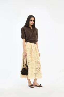 Skirts-ROTATE Birger Christensen 3D Lace Midi Skirt Yellow Italian Straw color