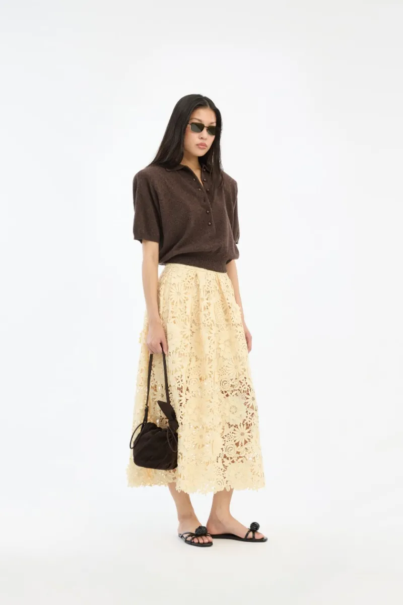 Skirts-ROTATE Birger Christensen 3D Lace Midi Skirt Yellow Italian Straw color
