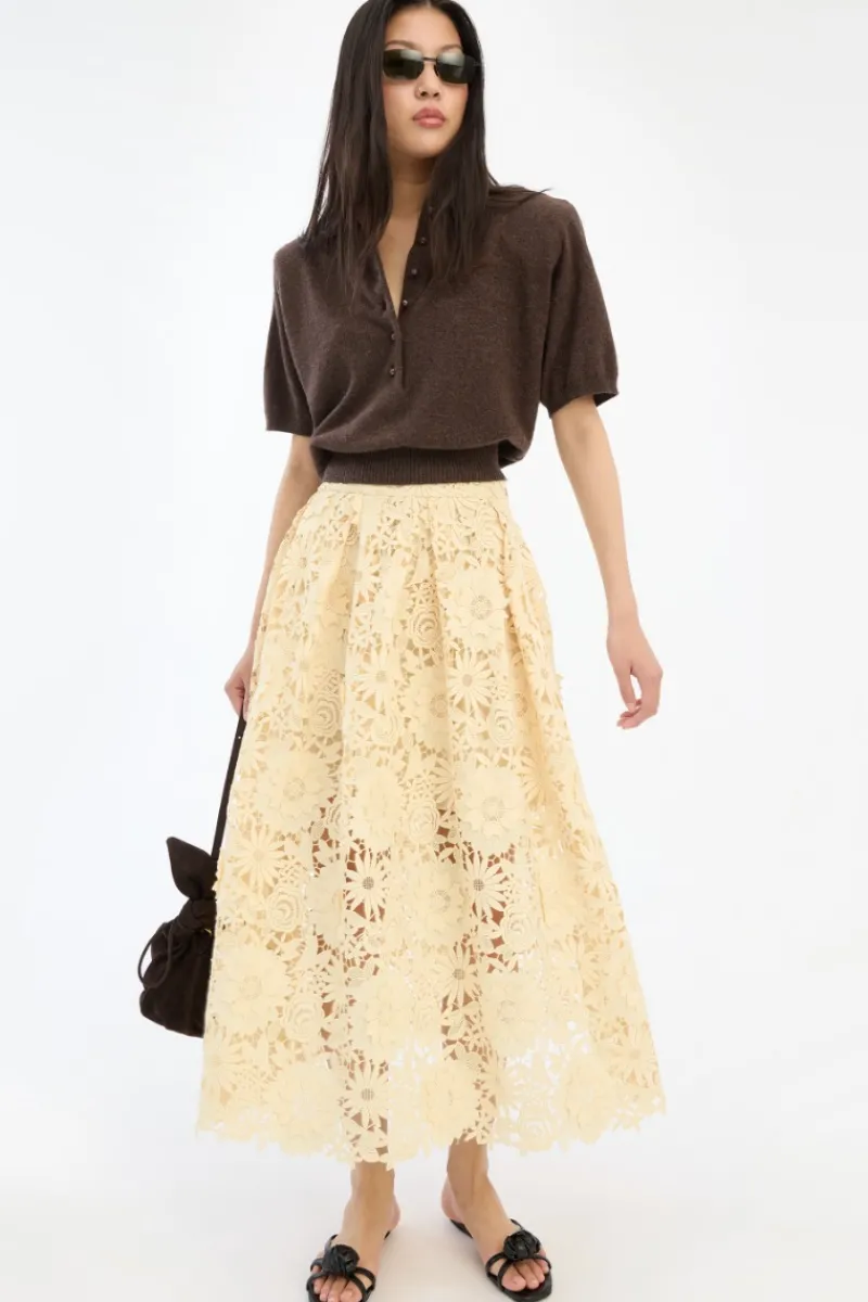 Skirts-ROTATE Birger Christensen 3D Lace Midi Skirt Yellow Italian Straw color