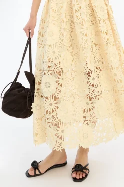 Skirts-ROTATE Birger Christensen 3D Lace Midi Skirt Yellow Italian Straw color
