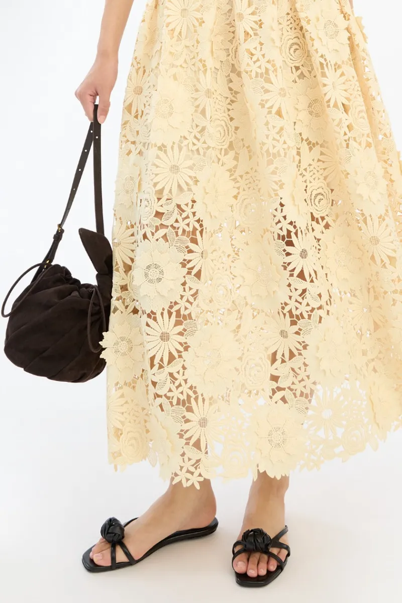 Skirts-ROTATE Birger Christensen 3D Lace Midi Skirt Yellow Italian Straw color