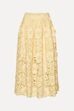Skirts-ROTATE Birger Christensen 3D Lace Midi Skirt Yellow Italian Straw color