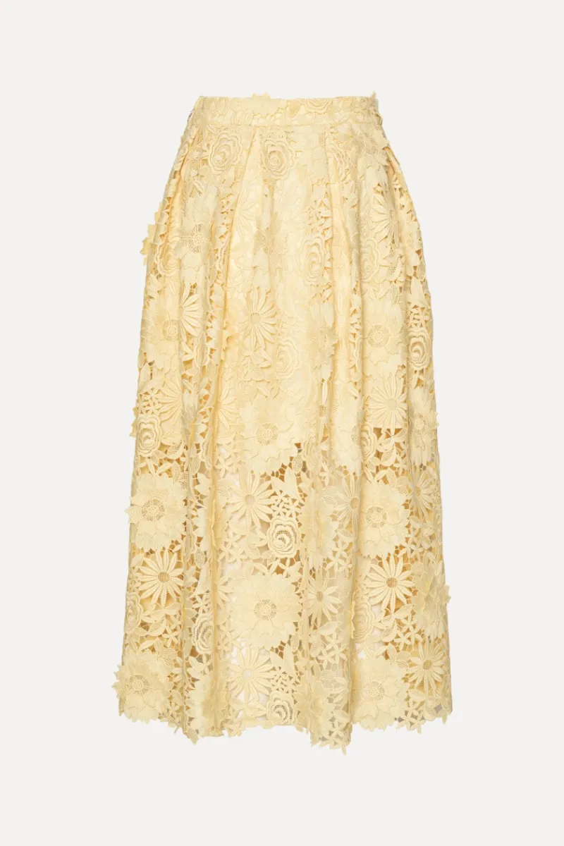 Skirts-ROTATE Birger Christensen 3D Lace Midi Skirt Yellow Italian Straw color