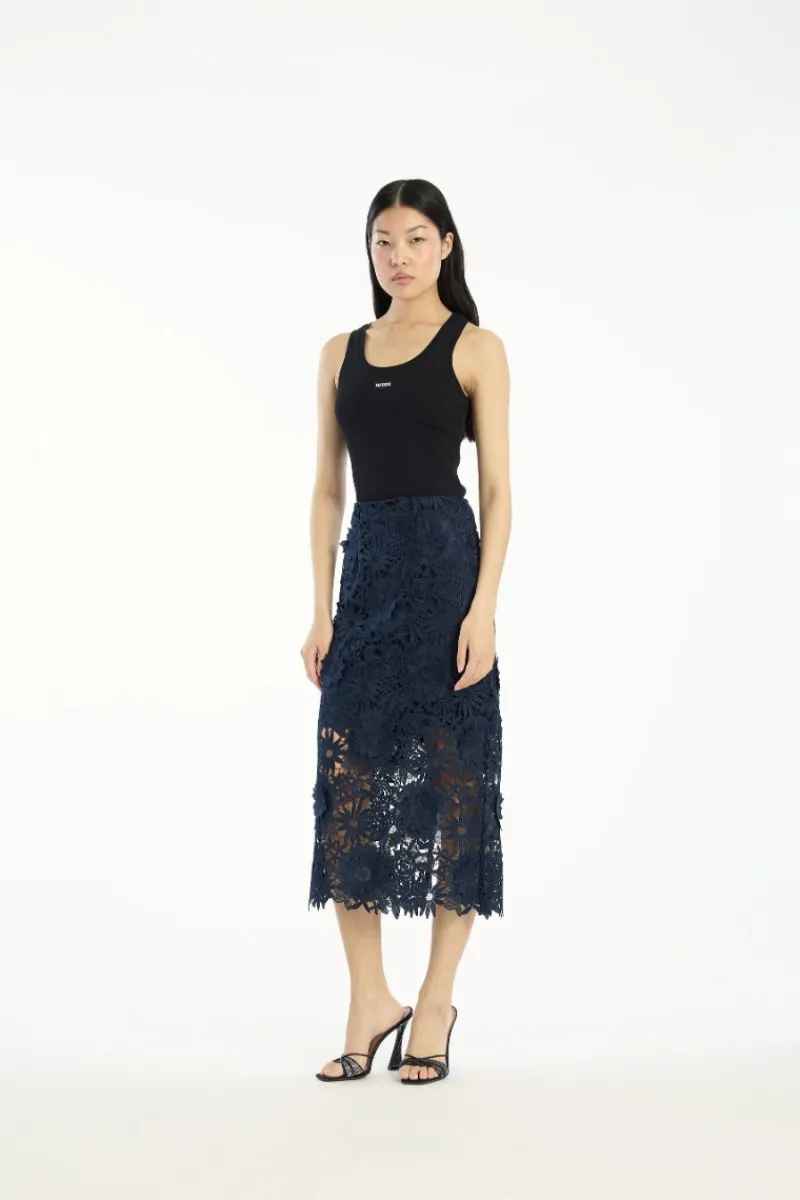 Skirts-ROTATE Birger Christensen 3d Lace Pencil Skirt Dark Blue Navy Blazer color