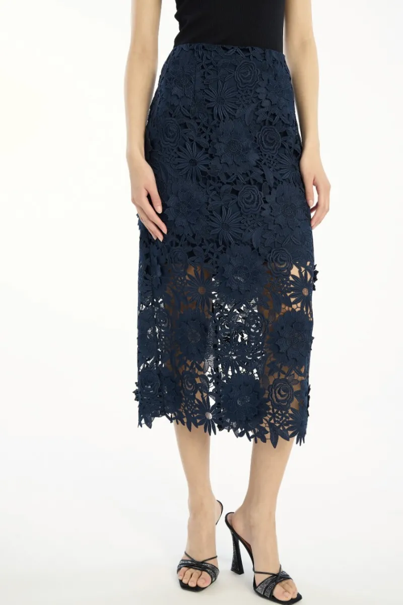 Skirts-ROTATE Birger Christensen 3d Lace Pencil Skirt Dark Blue Navy Blazer color