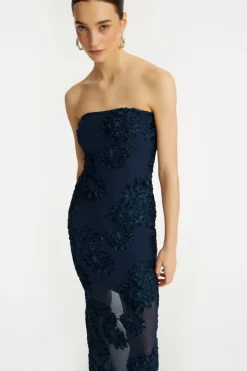 Maxi Dress|Dresses-ROTATE Birger Christensen 3d Mesh Maxi Dress Dark Blue Blueprint color