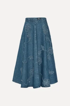 Skirts-ROTATE Birger Christensen Denim Flower Midi Skirt Medium Blue Medium Blue Denim color