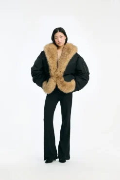 Outerwear-ROTATE Birger Christensen Faux Fur Collar Bomber Black Black color