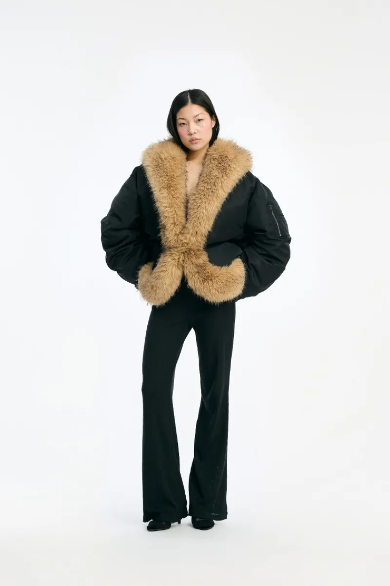 Outerwear-ROTATE Birger Christensen Faux Fur Collar Bomber Black Black color