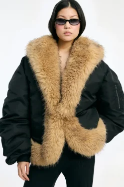 Outerwear-ROTATE Birger Christensen Faux Fur Collar Bomber Black Black color