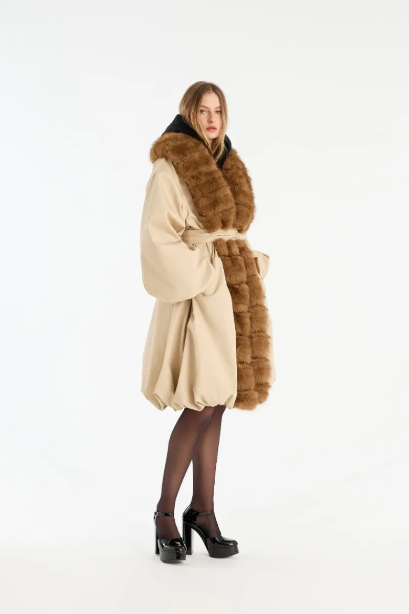 Outerwear-ROTATE Birger Christensen Faux Fur Collar Coat Beige Cement color