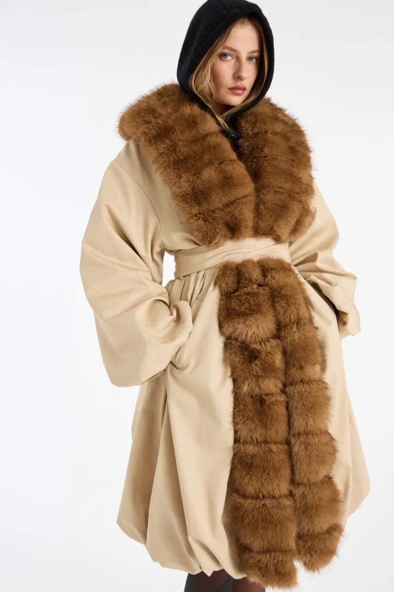Outerwear-ROTATE Birger Christensen Faux Fur Collar Coat Beige Cement color
