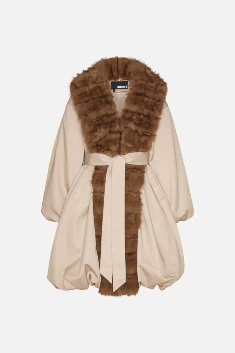 Outerwear-ROTATE Birger Christensen Faux Fur Collar Coat Beige Cement color