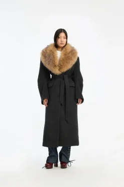 Outerwear-ROTATE Birger Christensen Faux Fur Collar Long Coat Dark Grey Gray Pinstripe color