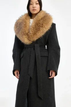 Outerwear-ROTATE Birger Christensen Faux Fur Collar Long Coat Dark Grey Gray Pinstripe color