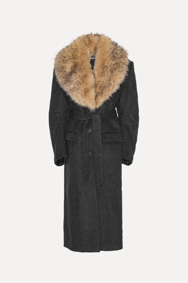 Outerwear-ROTATE Birger Christensen Faux Fur Collar Long Coat Dark Grey Gray Pinstripe color