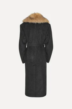 Outerwear-ROTATE Birger Christensen Faux Fur Collar Long Coat Dark Grey Gray Pinstripe color