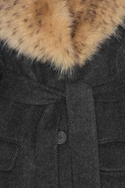 Outerwear-ROTATE Birger Christensen Faux Fur Collar Long Coat Dark Grey Gray Pinstripe color