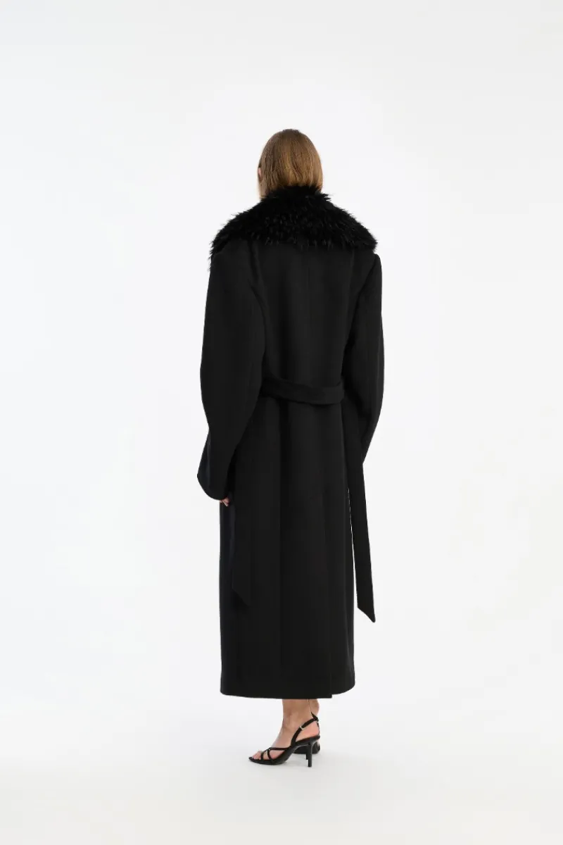 Outerwear-ROTATE Birger Christensen Faux Fur Collar Long Coat Black Black color