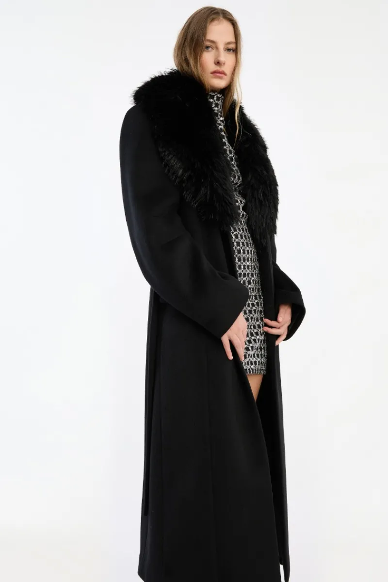 Outerwear-ROTATE Birger Christensen Faux Fur Collar Long Coat Black Black color