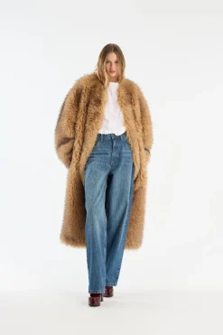 Outerwear-ROTATE Birger Christensen Faux Fur Long Coat Beige Nougat color