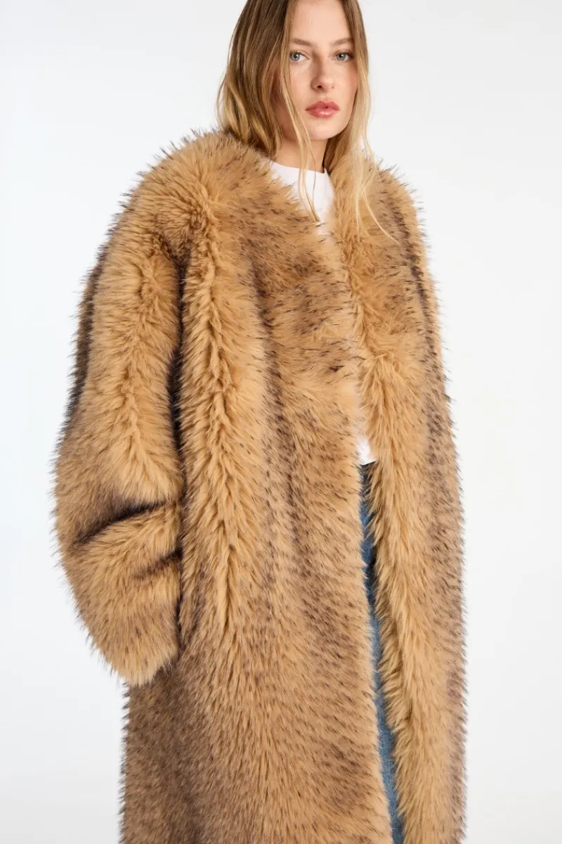 Outerwear-ROTATE Birger Christensen Faux Fur Long Coat Beige Nougat color