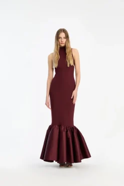 Maxi Dress|Dresses-ROTATE Birger Christensen Fitted Maxi Dress Burgundy Zinfandelcolor