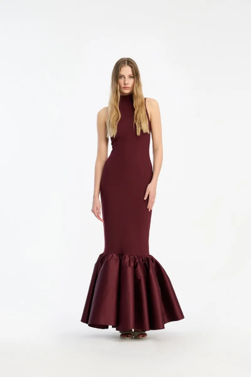 Maxi Dress|Dresses-ROTATE Birger Christensen Fitted Maxi Dress Burgundy Zinfandelcolor