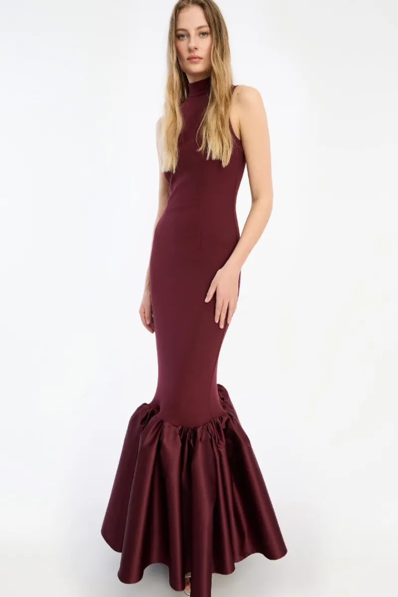 Maxi Dress|Dresses-ROTATE Birger Christensen Fitted Maxi Dress Burgundy Zinfandelcolor