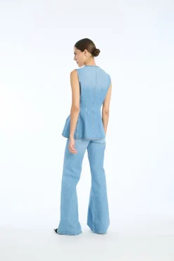 Tops-ROTATE Birger Christensen Flared Denim Top Blue Hydrangea (Blue) color