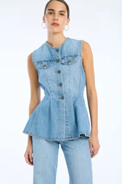 Tops-ROTATE Birger Christensen Flared Denim Top Blue Hydrangea (Blue) color