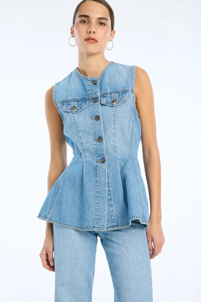 Tops-ROTATE Birger Christensen Flared Denim Top Blue Hydrangea (Blue) color