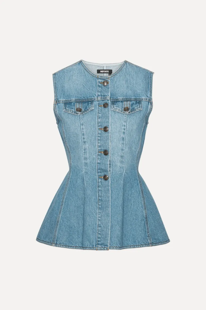 Tops-ROTATE Birger Christensen Flared Denim Top Blue Hydrangea (Blue) color