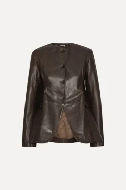 Outerwear-ROTATE Birger Christensen Flared Leather Jacket Dark Brown Molé color