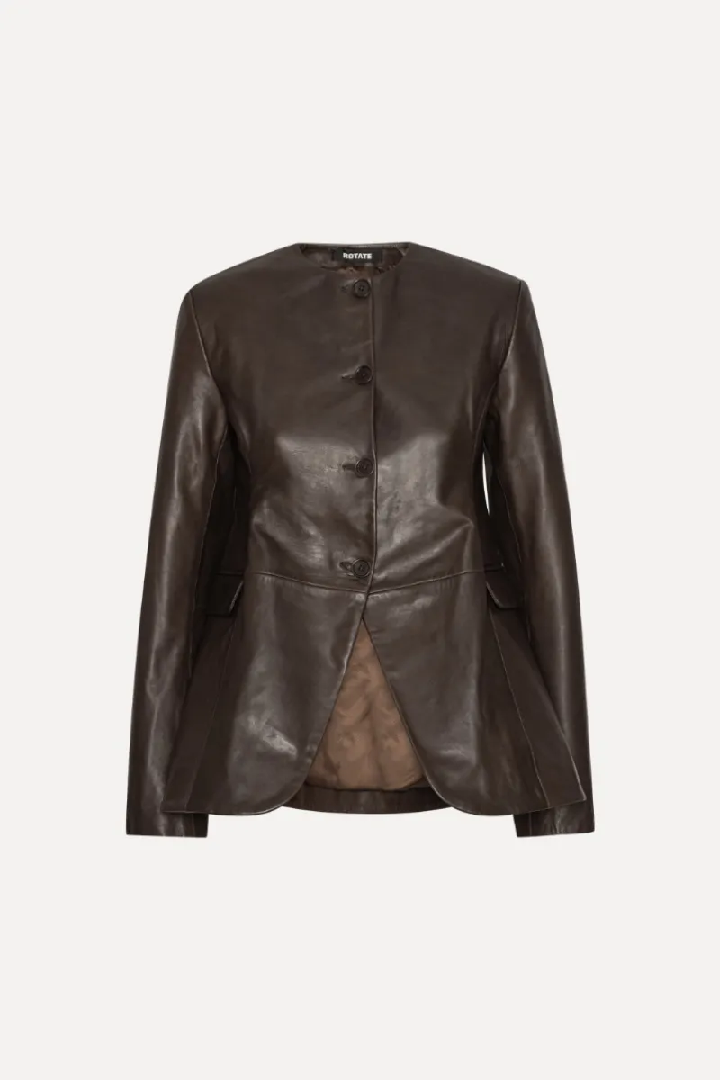 Outerwear-ROTATE Birger Christensen Flared Leather Jacket Dark Brown Molé color