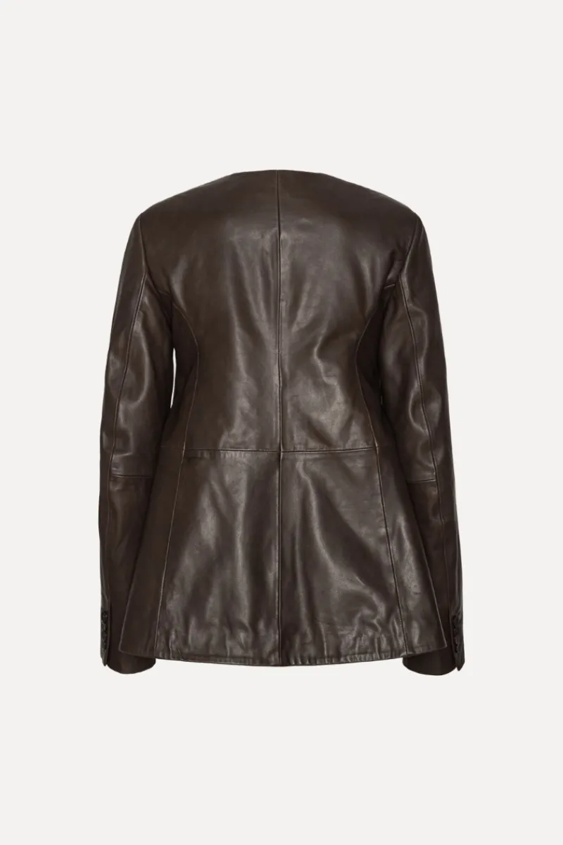 Outerwear-ROTATE Birger Christensen Flared Leather Jacket Dark Brown Molé color