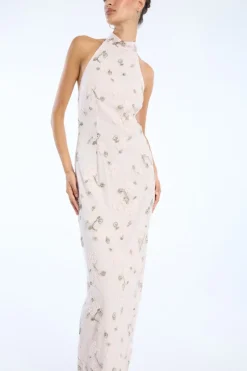 Maxi Dress-ROTATE Birger Christensen Flower Beads Maxi Dress Light Pink Lilac Ash Comb. color