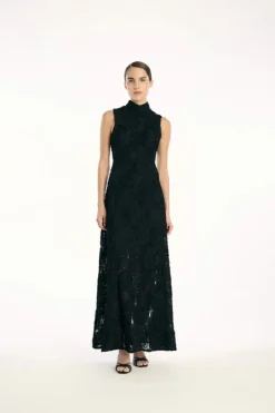 Maxi Dress|Dresses-ROTATE Birger Christensen Flower Mesh Maxi Dress Black Black color