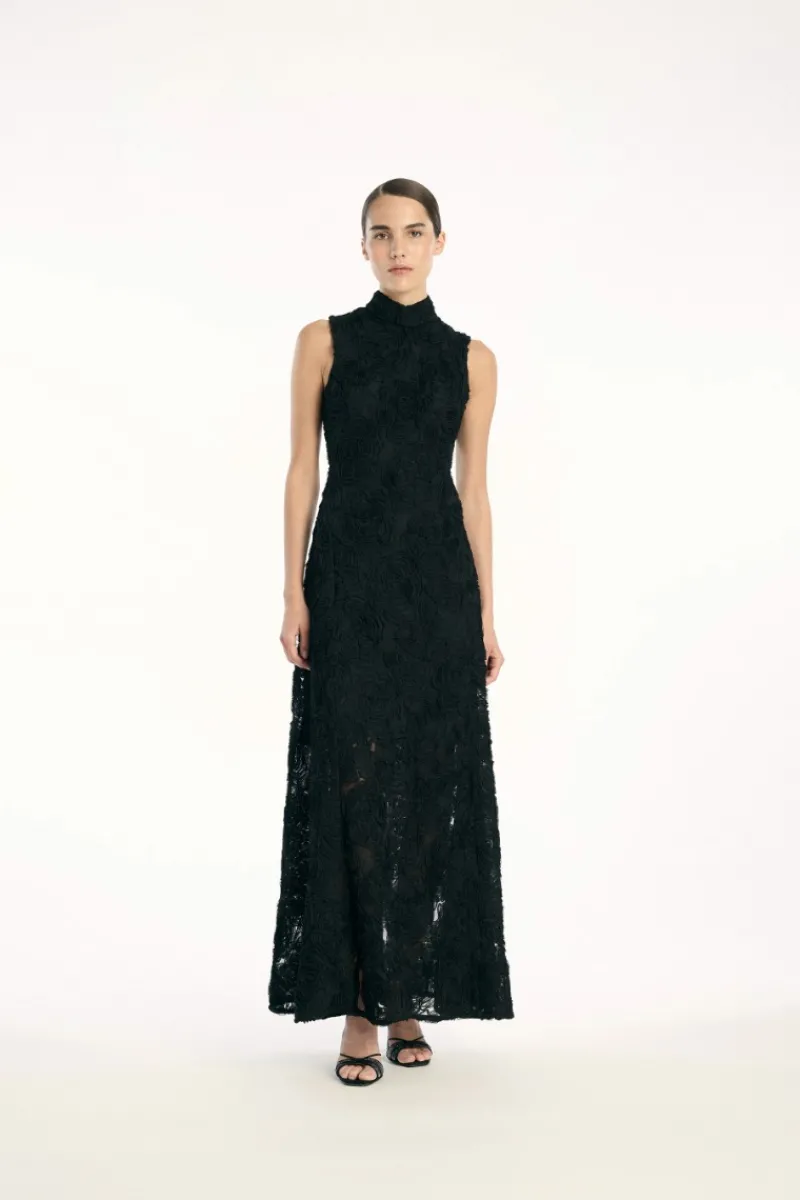 Maxi Dress|Dresses-ROTATE Birger Christensen Flower Mesh Maxi Dress Black Black color
