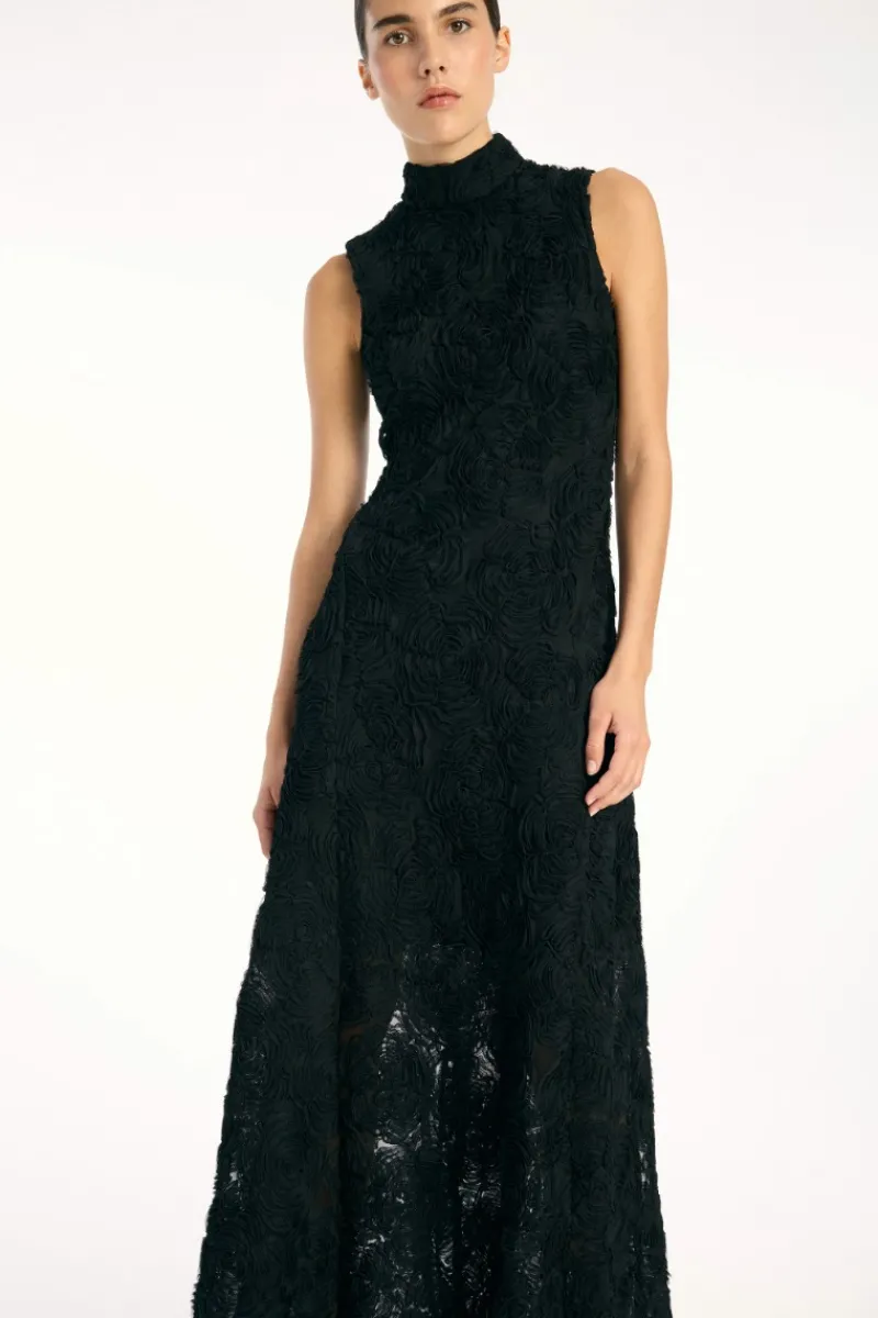 Maxi Dress|Dresses-ROTATE Birger Christensen Flower Mesh Maxi Dress Black Black color