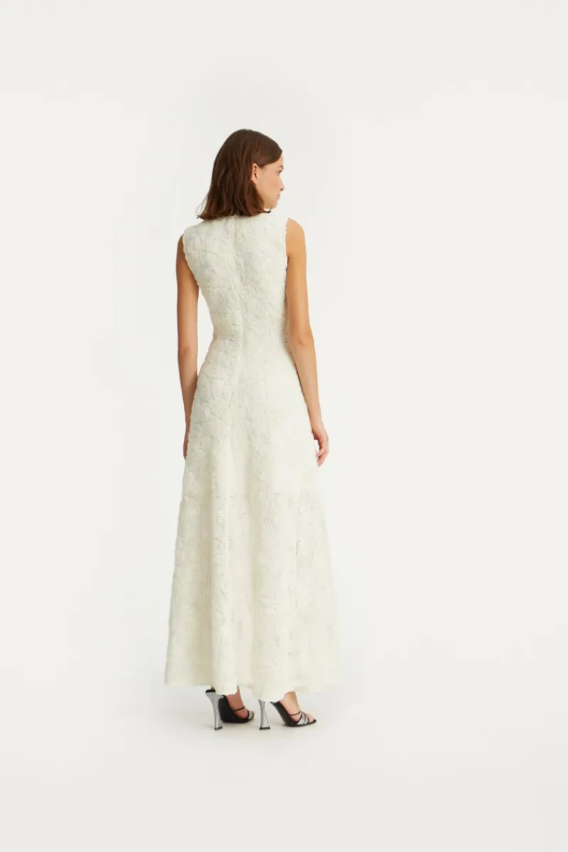 Bridal|Maxi Dress-ROTATE Birger Christensen Flower Mesh Maxi Dress Creme White Egret color