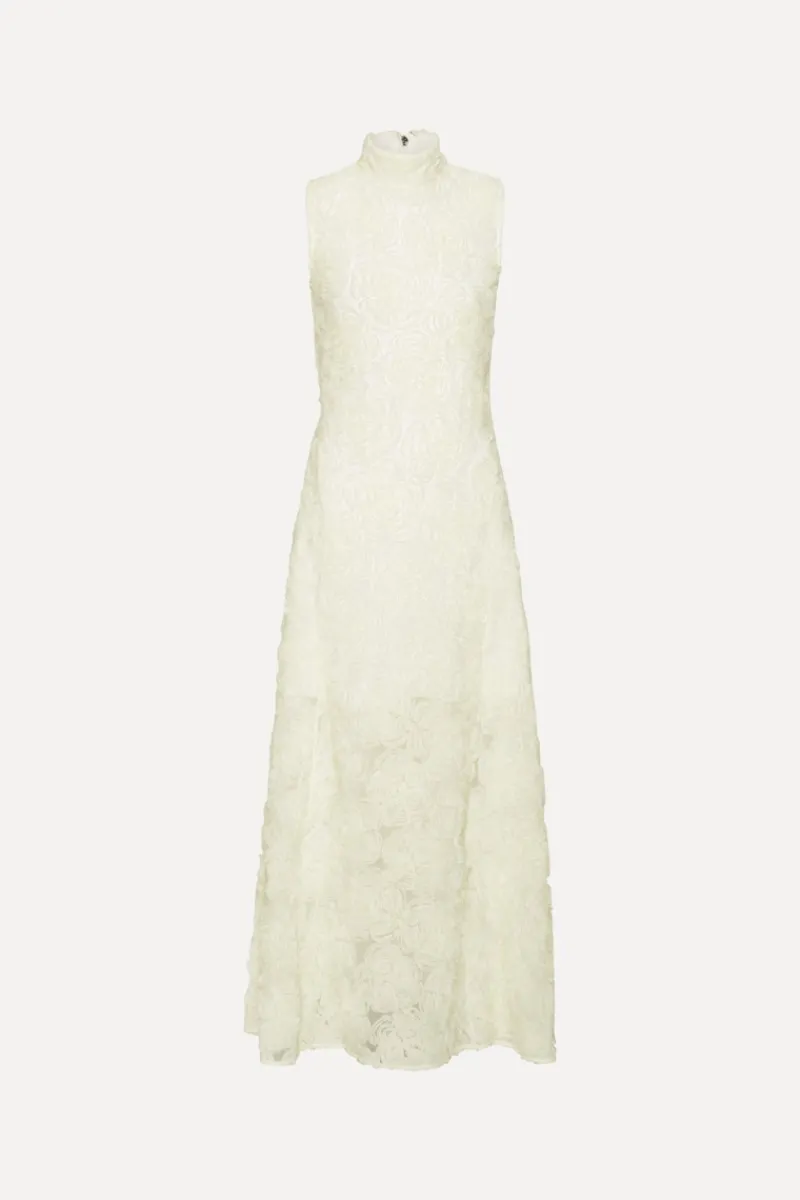 Bridal|Maxi Dress-ROTATE Birger Christensen Flower Mesh Maxi Dress Creme White Egret color