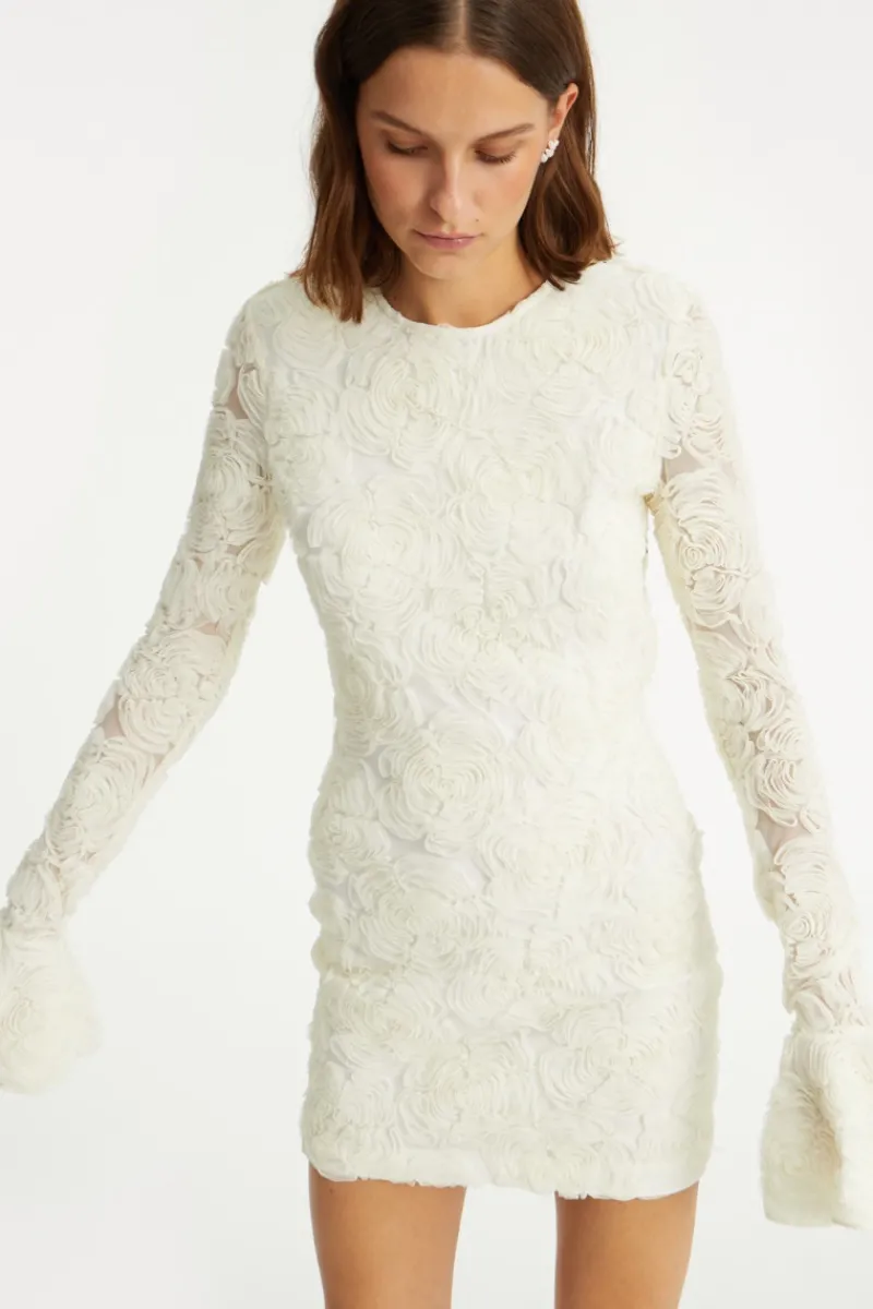 Bridal|Mini Dresses-ROTATE Birger Christensen Flower Mesh Mini Dress Creme White Egret color